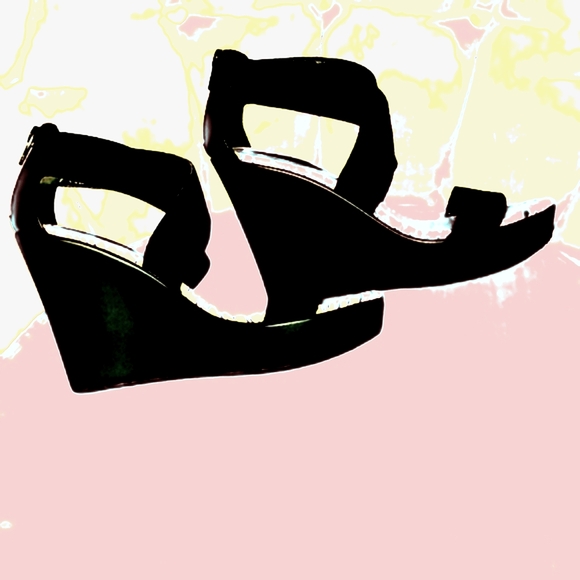 CHARLES DAVID Wedges Sexy Black Leather with Grosgrain Straps ELEGANT - Picture 1 of 5